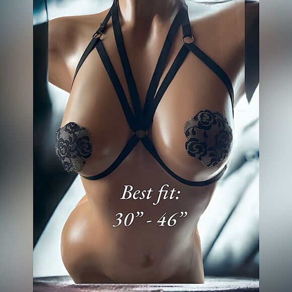 2-piece l Layering Strings l O-Ring String Bra l Black Lace Nipple Covers l New - Picture 4 of 9